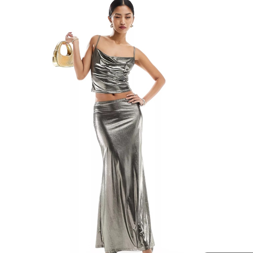 Miss Selfridge tank & column maxi skirt in gold metallic